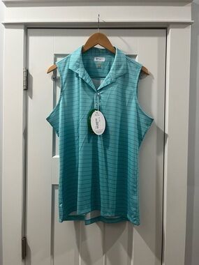 Greg Norman Women's XL NWT Golf Sleeveless Polo Performance blue coral white
